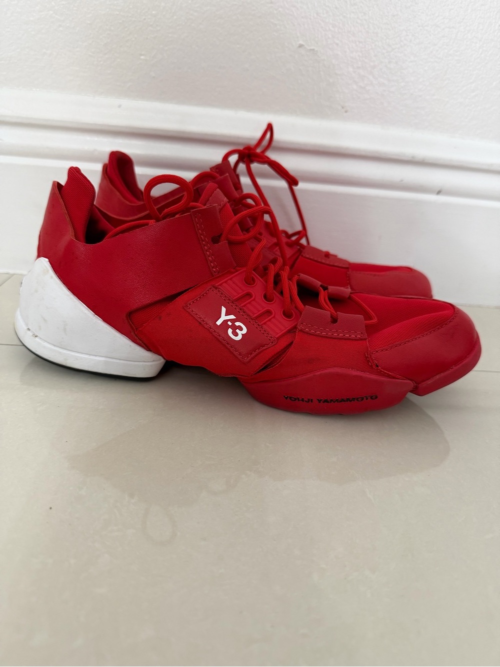 Y-3 Red and White Athletic Sneakers